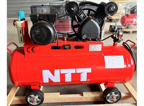 3HK Stempelkompressor, 230V 100l tank Med reimdrift, hjul, 2,2kw støpejern 